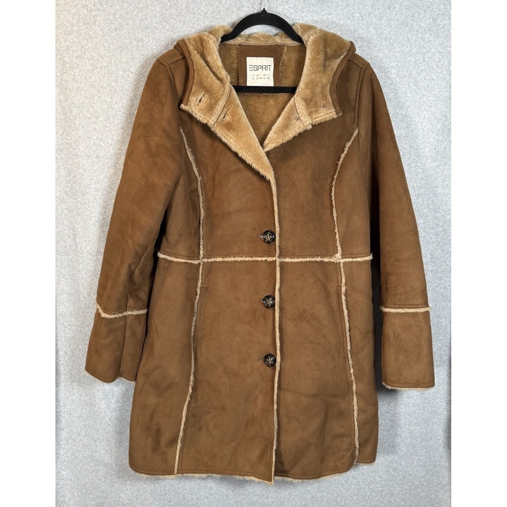 Esprit coat womens XL Vintage brown microsuede faux fur lined jacket 90s Vintage